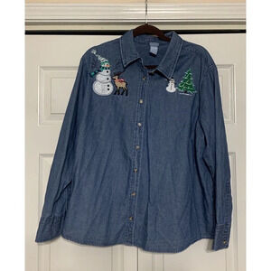 Vintage Holiday Editions Denim Button Shirt Christmas Snowman Size 2X (BB16)